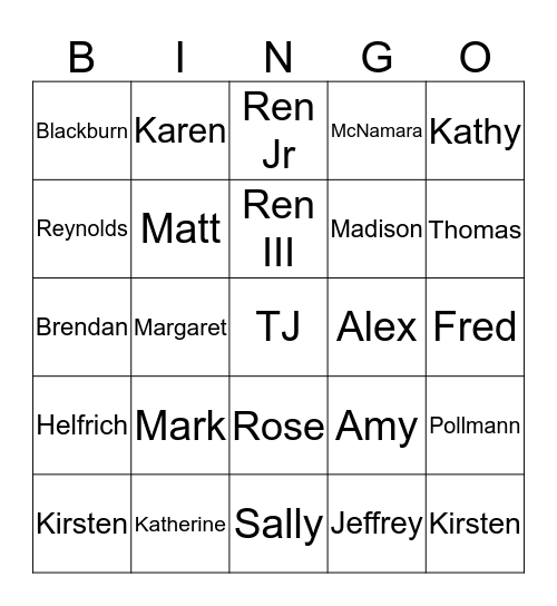 FAMILY NAMES BINGO Card