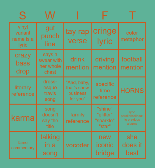 The Life of A Showgirl Bingo Card