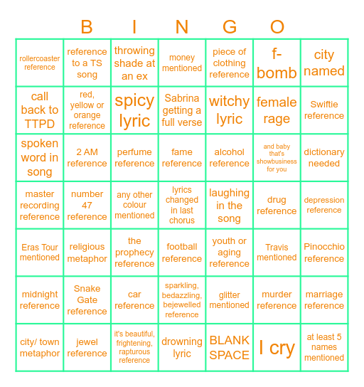 The Life of a Showgirl Bingo card Bingo Card