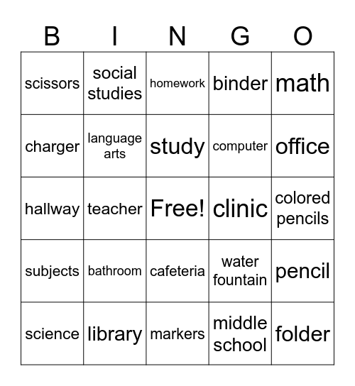School Bingo Card