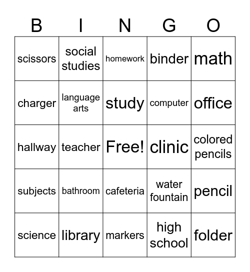 School Bingo Card