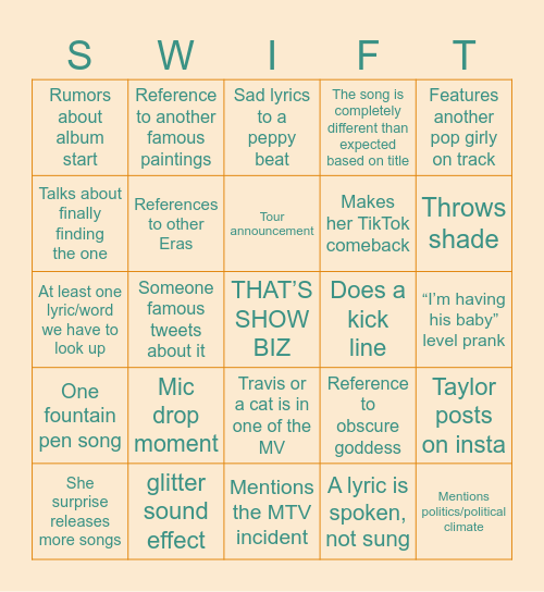 The Life of a Showgirl Bingo Card