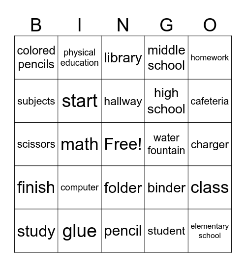 School Bingo Card