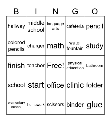 School Bingo Card