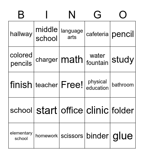 School Bingo Card
