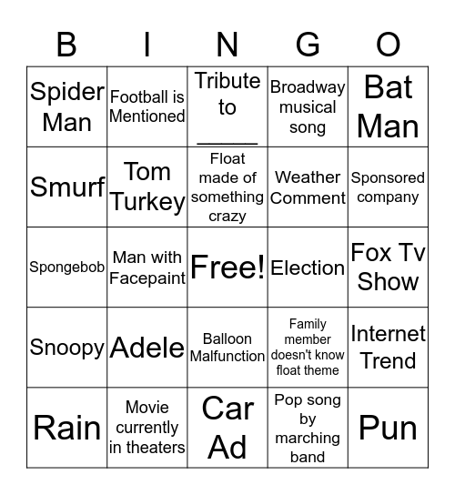 2016 Macy's Thanksgiving day parade Bingo Card