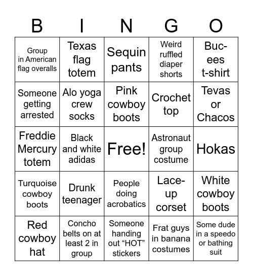 ACL Fest Bingo Card