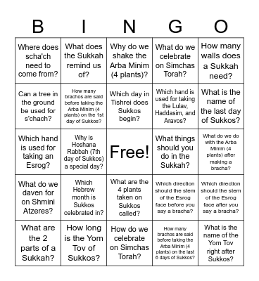 Sukkos Bingo - Questions Bingo Card