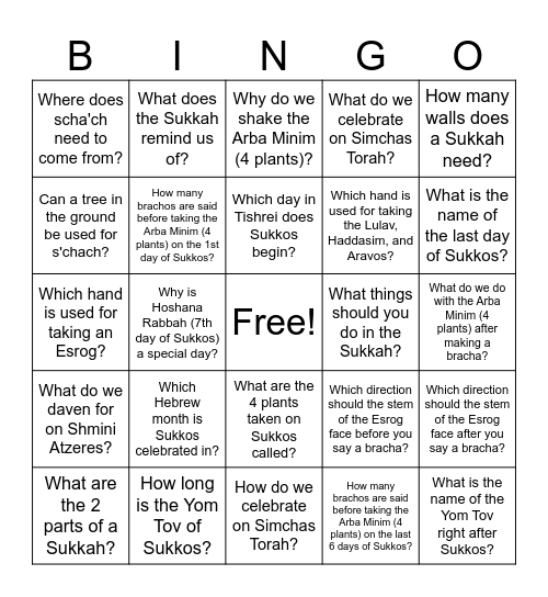 Sukkos Bingo - Questions Bingo Card
