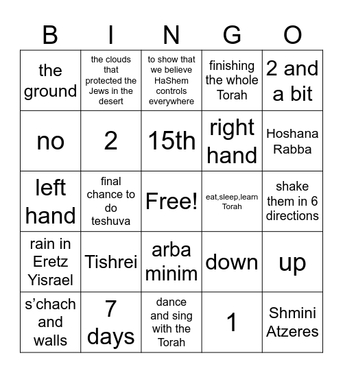 Sukkos Bingo - answers Bingo Card