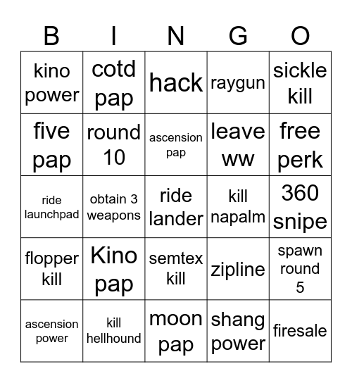ultimate black ops zombies bingo Card
