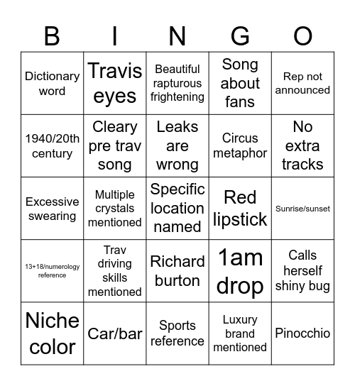 SHOWGIRL Bingo Card