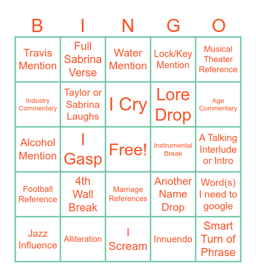 Life of a Showgirl Bingo Card