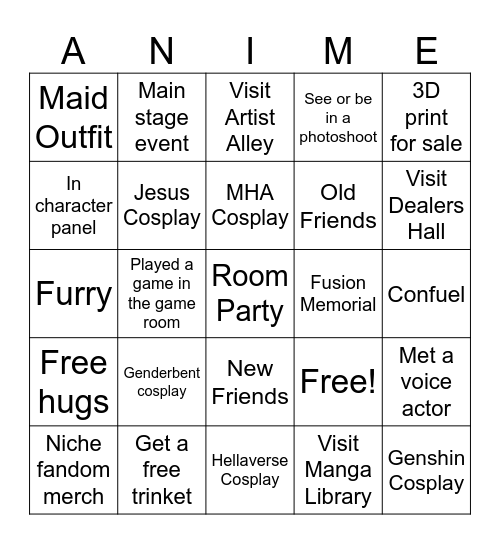 Anime Fusion Bingo Card