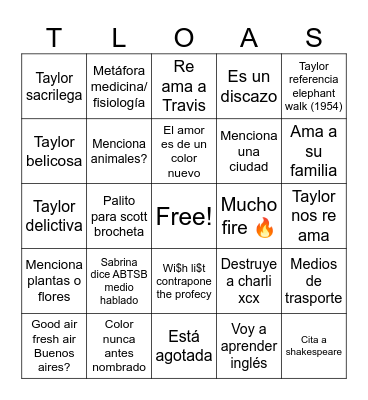 Showgirl Bingo Card