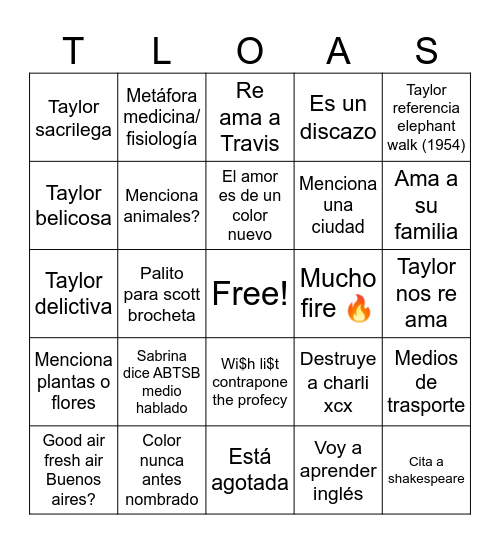 Showgirl Bingo Card