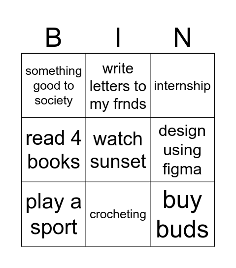 goals Bingo Card