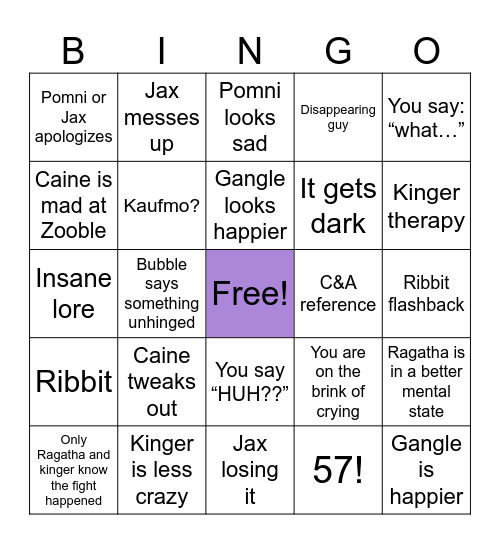 TADC episode 7 bingo Card