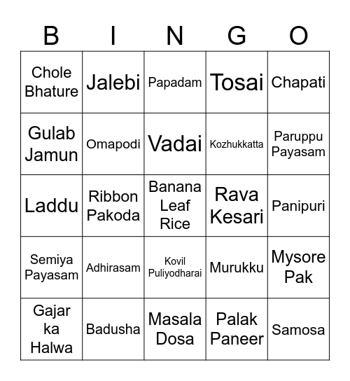 Deepavali Indian Food Bingo Card