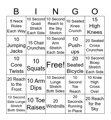 Exercise Bingo Card