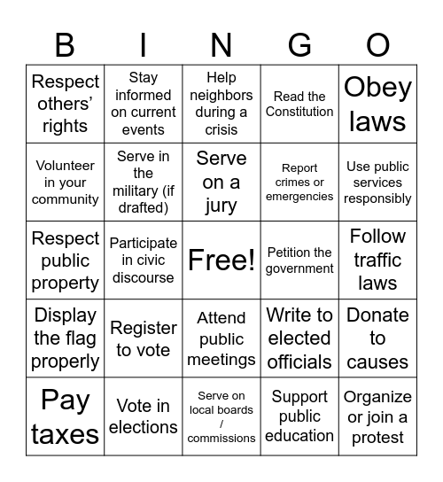 Civic Duties! Bingo Card