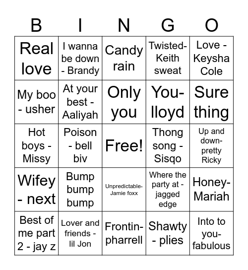 90s vs 2000 Rnb Bingo Card