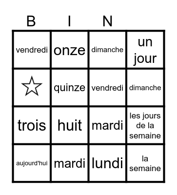 les jours de la semaine Bingo Card