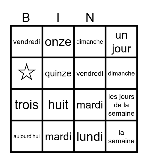 les jours de la semaine Bingo Card