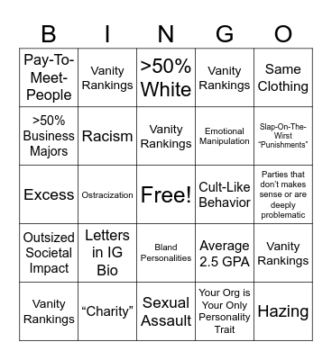 Greek Life Bingo Card