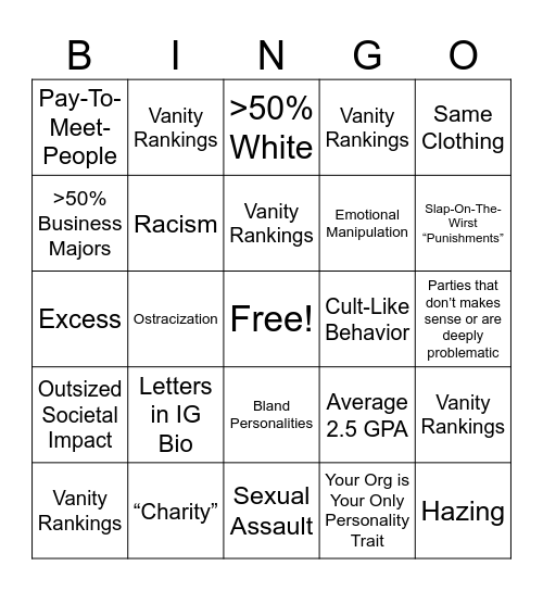 Greek Life Bingo Card