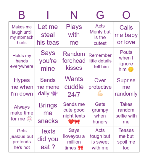 Boyfriend Bingo Card