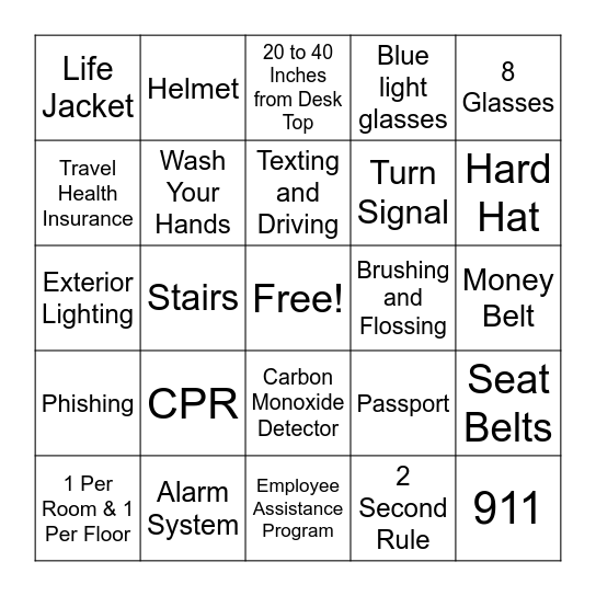 Safety Bingo Card
