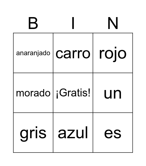 Carros Bingo Card
