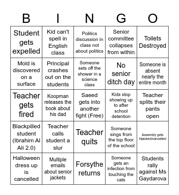 Second Month of School Bingo Card