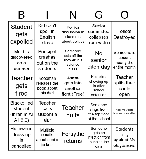 Second Month of School Bingo Card