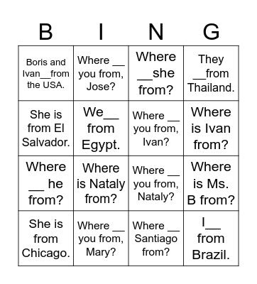 Where are you from? Bingo Card