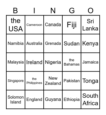 English Speaking Countries Bingo Card
