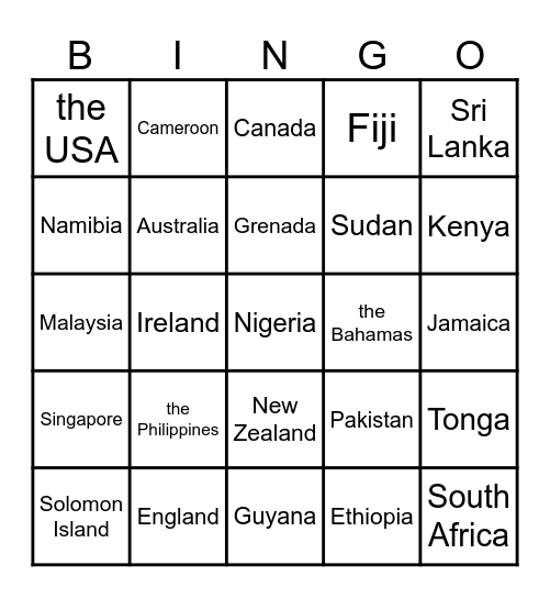 English Speaking Countries Bingo Card