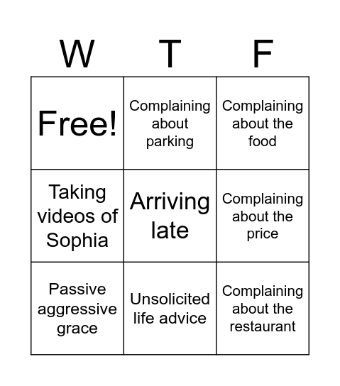 Dinner with the parentals Bingo Card