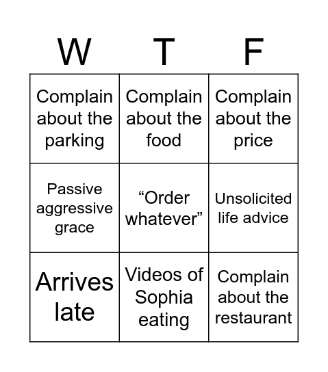 Dinner with the parentals Bingo Card