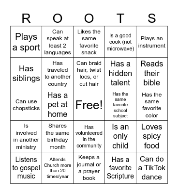 Get to Know ROOTS Bingo Card