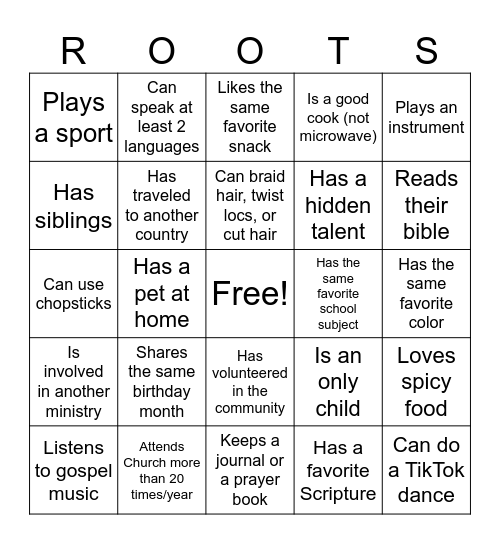 Get to Know ROOTS Bingo Card