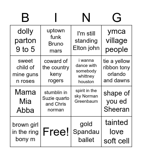 Bingo music inc Bingo Card