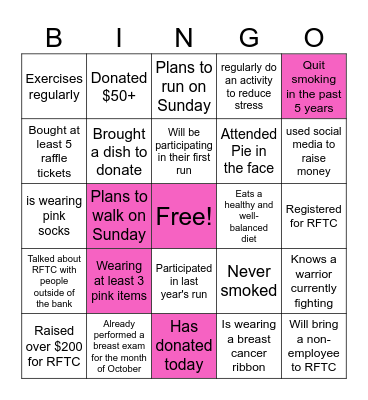Run For The Cure Bingo Card