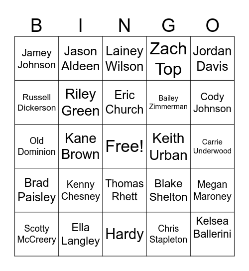 Country Bands Bingo Card