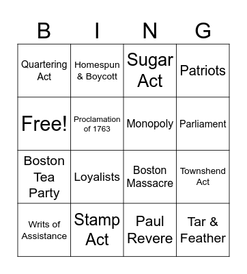 American Revolution Bingo Card