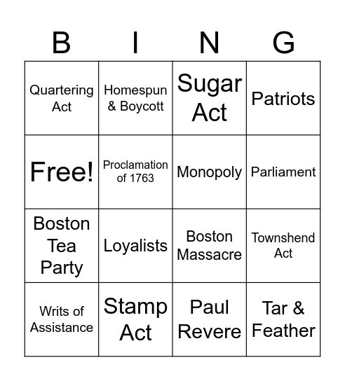 American Revolution Bingo Card