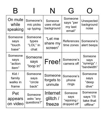 Virtual Office Bingo Card