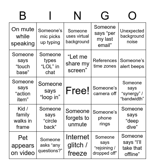 Virtual Office Bingo Card
