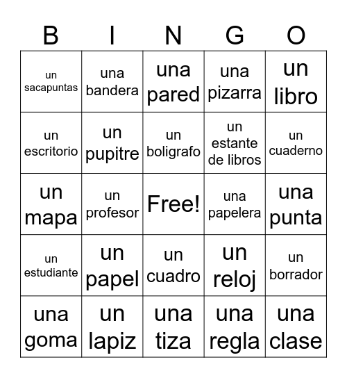 Classroom objects Bingo Card